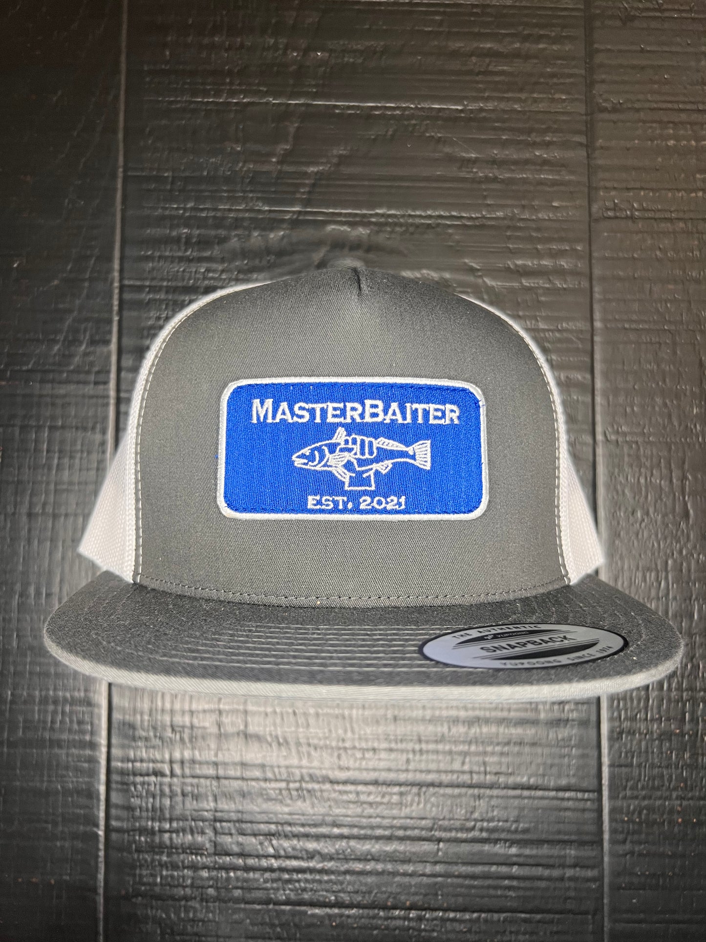 Gray/White Flatbill Blue Masterbaiter Patch cap