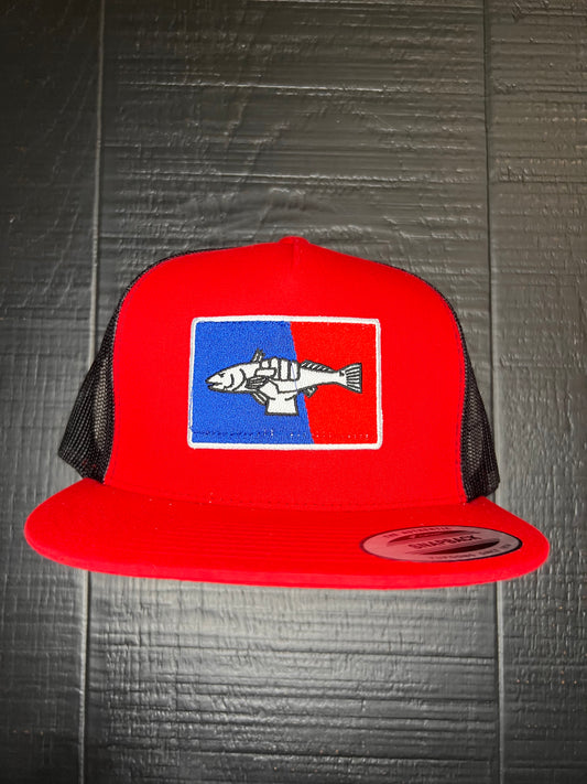 Red/Black Flatbill Masterbaiter Redfish League Patch Cap